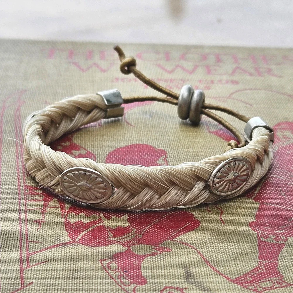 Braided Horsehair Bracelet Blonde Cream Western Silver Concho Leather Adjustable